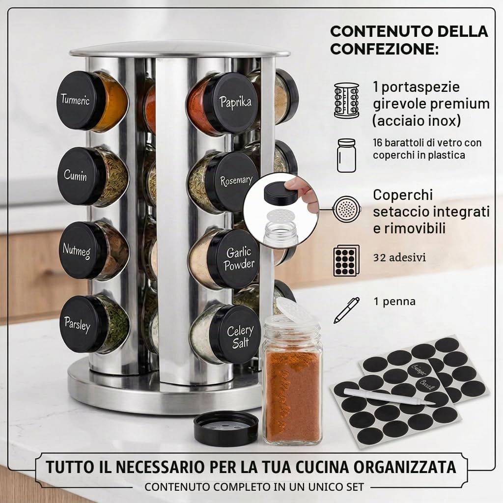 edihome, Porta Spezie per Cucina, Girevole, 360º, 16 Barattoli di Spezie, con Coperchi e Dispenser Individuali, Organizer, con Etichette per Barattoli