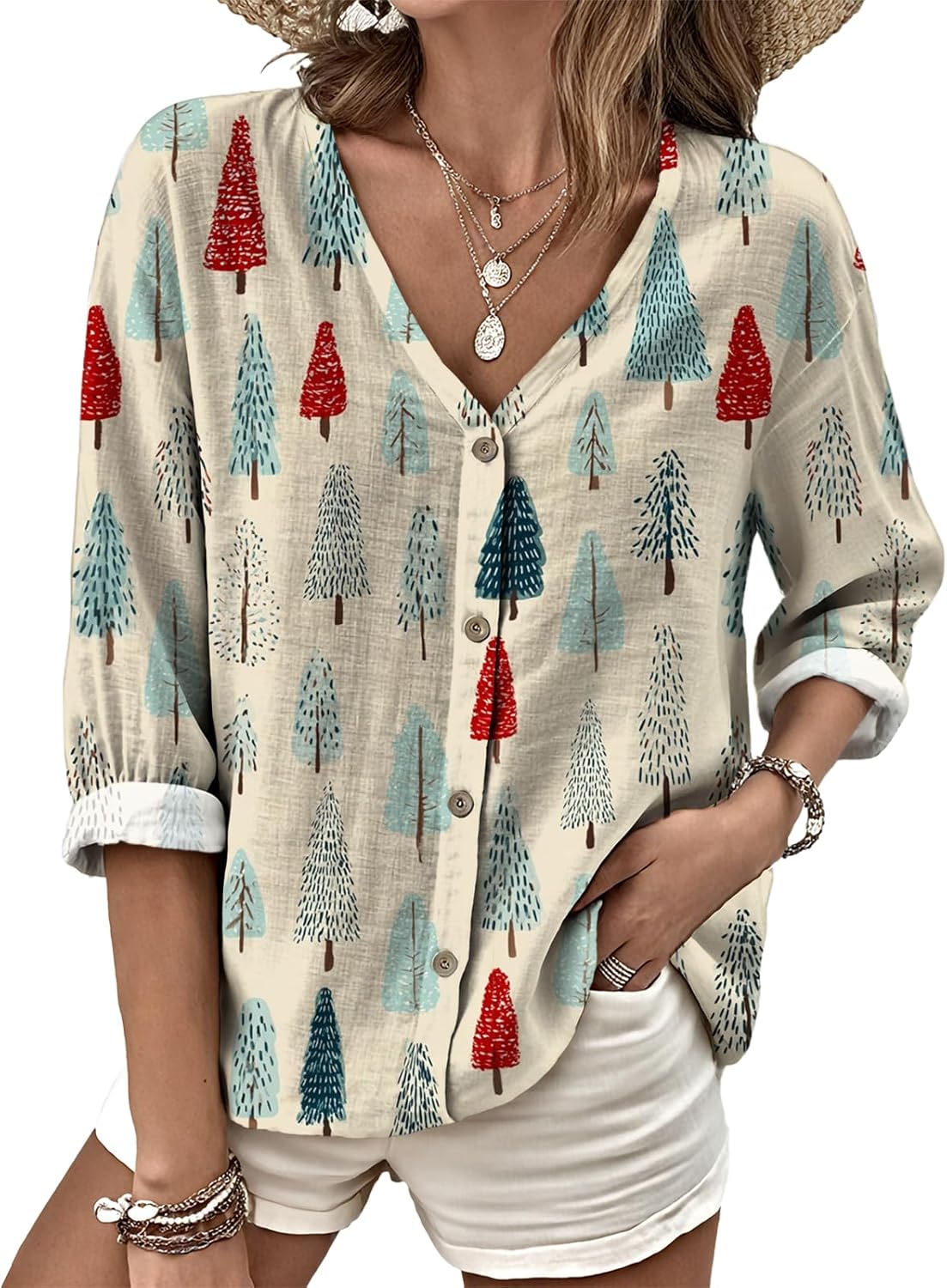 Button Down Shirt Women V Neck Graphic T Shirt Elegant Soft and Comfy Long Sleeve T...