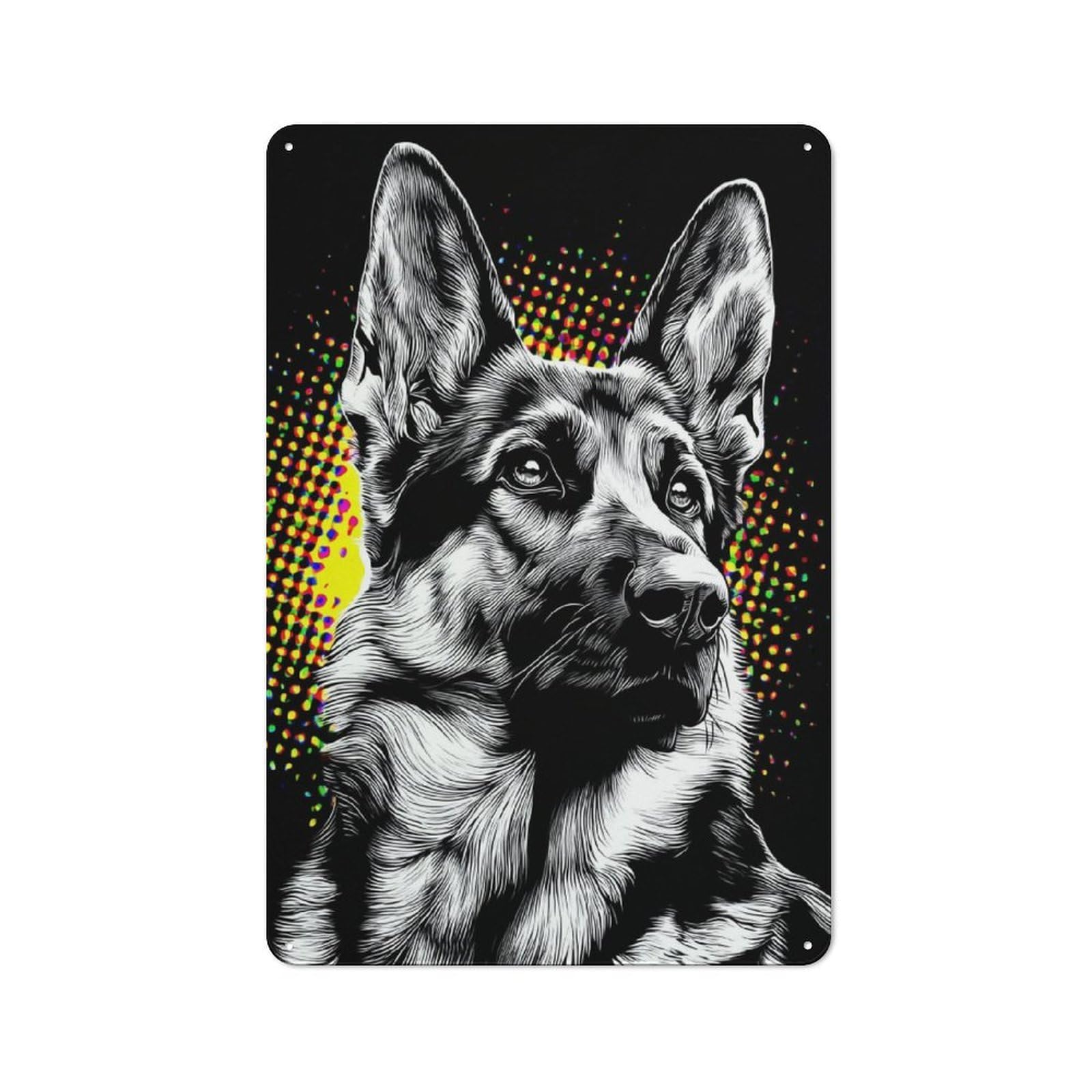 Icolorful German Shepherd Portrait Old Style Metal Wall Decor 30x20cm, Decorative Tin Plaque for Cafe, Pub, Workshop Or Home Bar