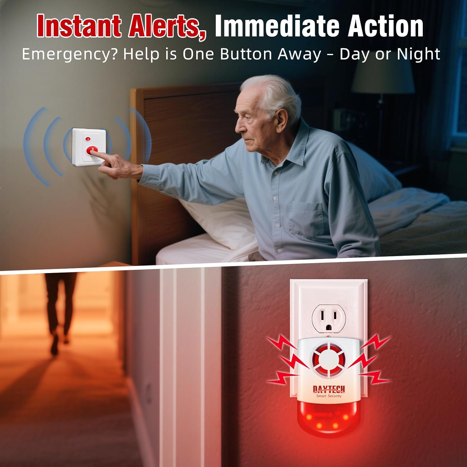 An elderly man pressing a call button next to his bed, with the siren unit plugged into a wall outlet in the background.