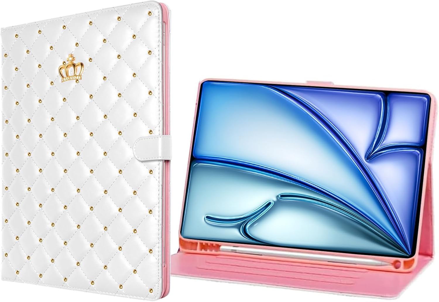 Cute Crown Case for iPad Air 11-inch M2 2024/5th/4th 10.9'',iPad Pro 11 Inch,Flip Bling Diamond PU Leather [Smart Auto Sleep/Wake Pencil Holder Stand] iPad Air 6/5/4/iPad Pro 11 (Pink)