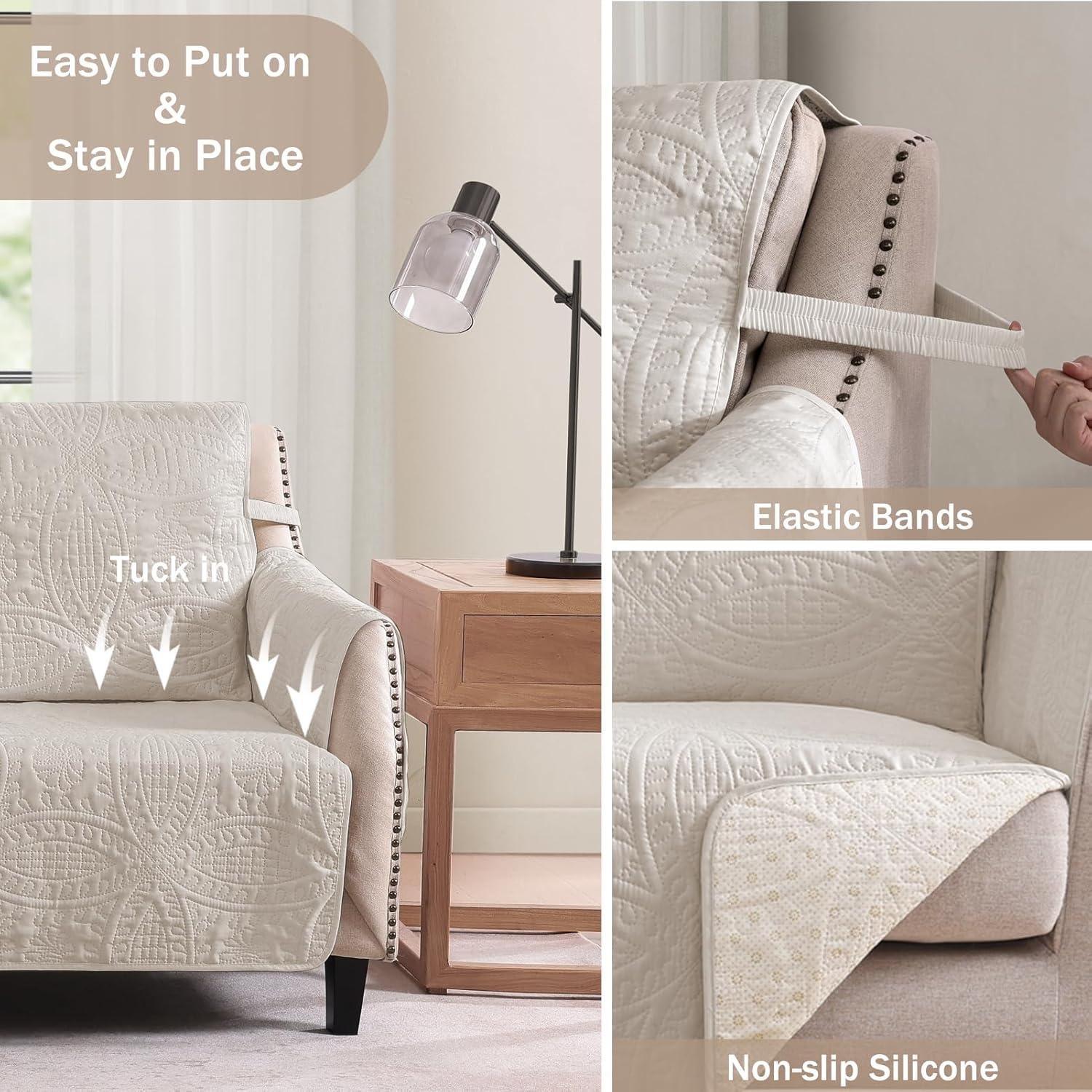 NapCloud Beige Loveseat Covers for 2 Cushion Couch, Water-Repellent Covers for Love Seat Sofa, Machine Washable Quilted Couch Covers, Pet Friendly Sofa Slipcovers (Loveseat 48", Beige)