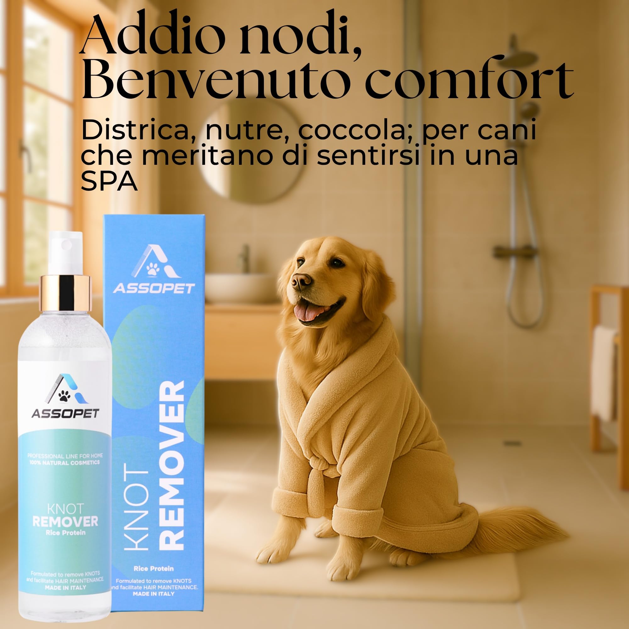 Spray Démêlant Chien 250ml - ASSOPET - Démêlant Poils Chien sans Rinçage, avec Phytokératine et Protéines de Riz - Brillance et Coiffage Immédiat - Non Gras, Usage Quotidien, Made in Italy