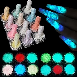 Glow in The Dark Glitter, 12 Boxes Luminous Pigment Powder Kit, Fluorescent Pigment Powder for Nails, Holographic Sparkle Sugar Coating Mermaid Powder, Ultra Fine Glitter Set