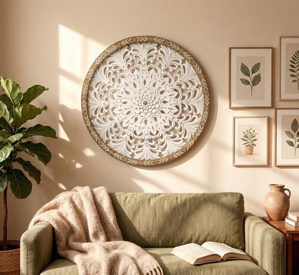 PARISLOFT Farmhouse Wood Round Cutout Floral Wall Decor, Bohemian Wall Sculpture, Carved Mandala Wall Art for Living Room, Bedroom, Entryway, 24.8''