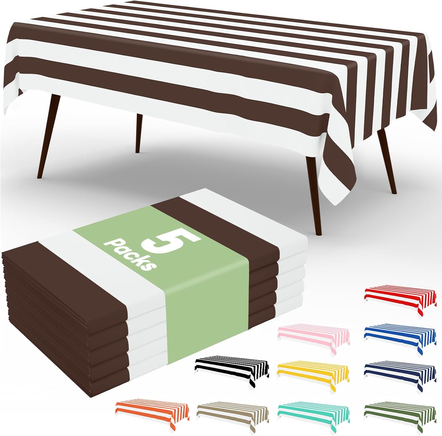 Smiry 3 Pack Striped Disposable 54 x 108 Table Cloth, Coffee and White