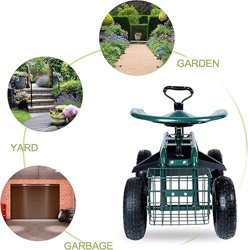 Miniatura 3 de KARMAS PRODUCT Carrito de taburete de jardín orientable con bandeja de herramientas y cesta de almacenamiento sobre ruedas, asiento de trabajo