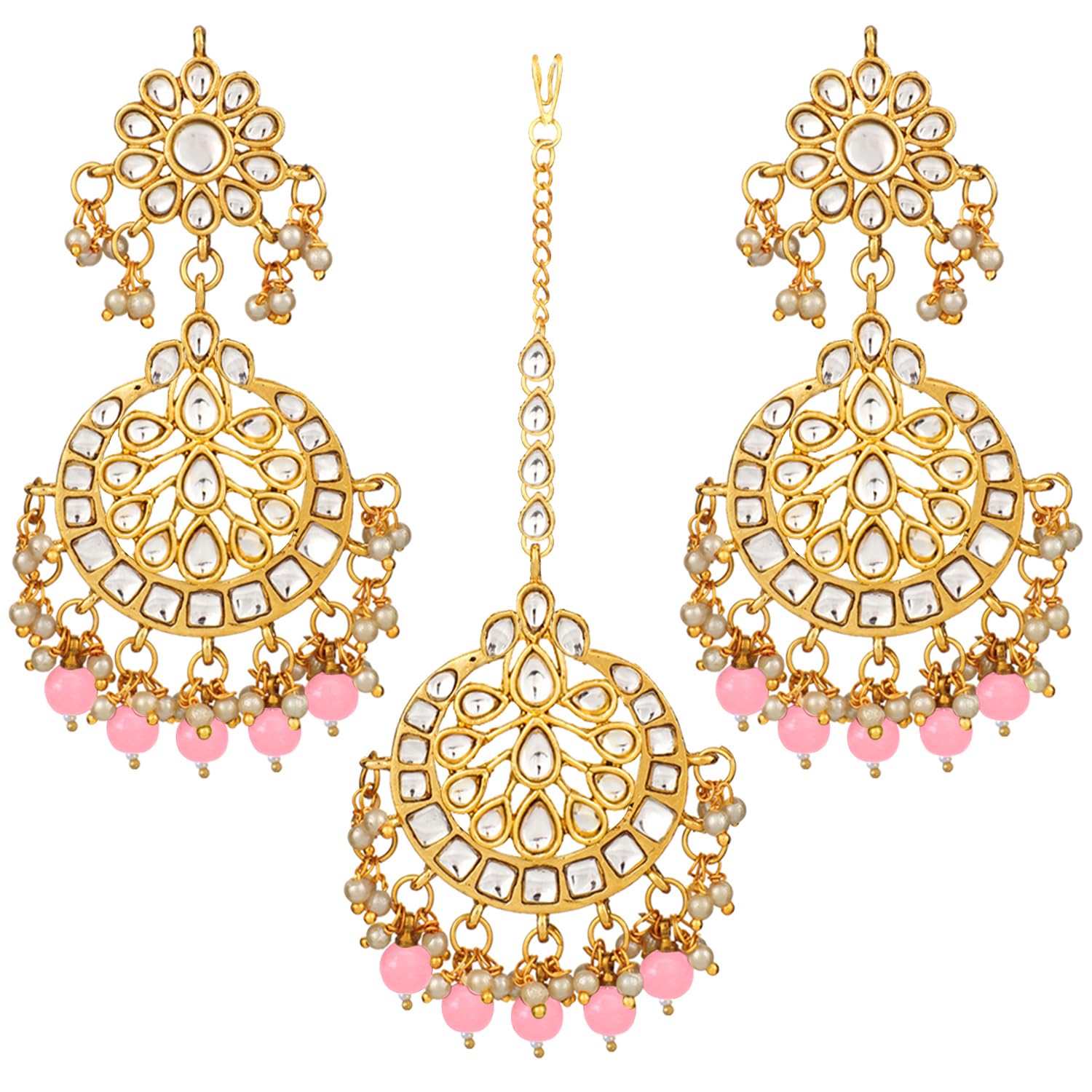 Peora Traditional Jewellery 18K Gold Plated Kundan & Pearl Maang Tikka Earring Set for Women Girls (Pink-2) (B09C3T8LBM) Amazon Price History, Amazon Price Tracker