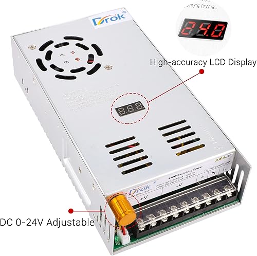 Miniatura 2 de DROK Fuente de alimentación de 24 V, CA 110 V220 V a CC 0-24 V 20 A 480 W, adaptador ajustable variable regulado 5 V 12 V 24 V Voltaje de