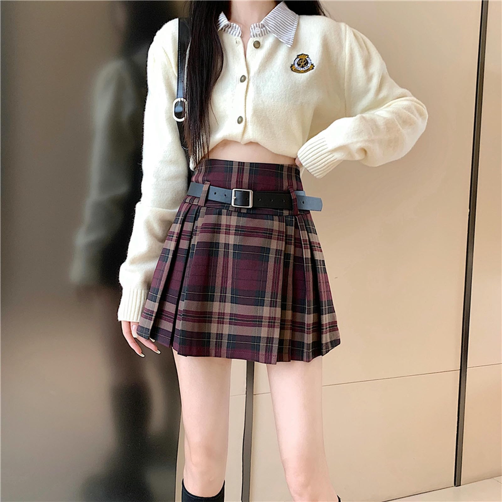 Gonna Lunga Scozzese con Cintura A Vita Alta Pieghe, Minigonna da Tennis per Donna, Stile Preppy, Abito Vintage Accademico-Verde-XL
