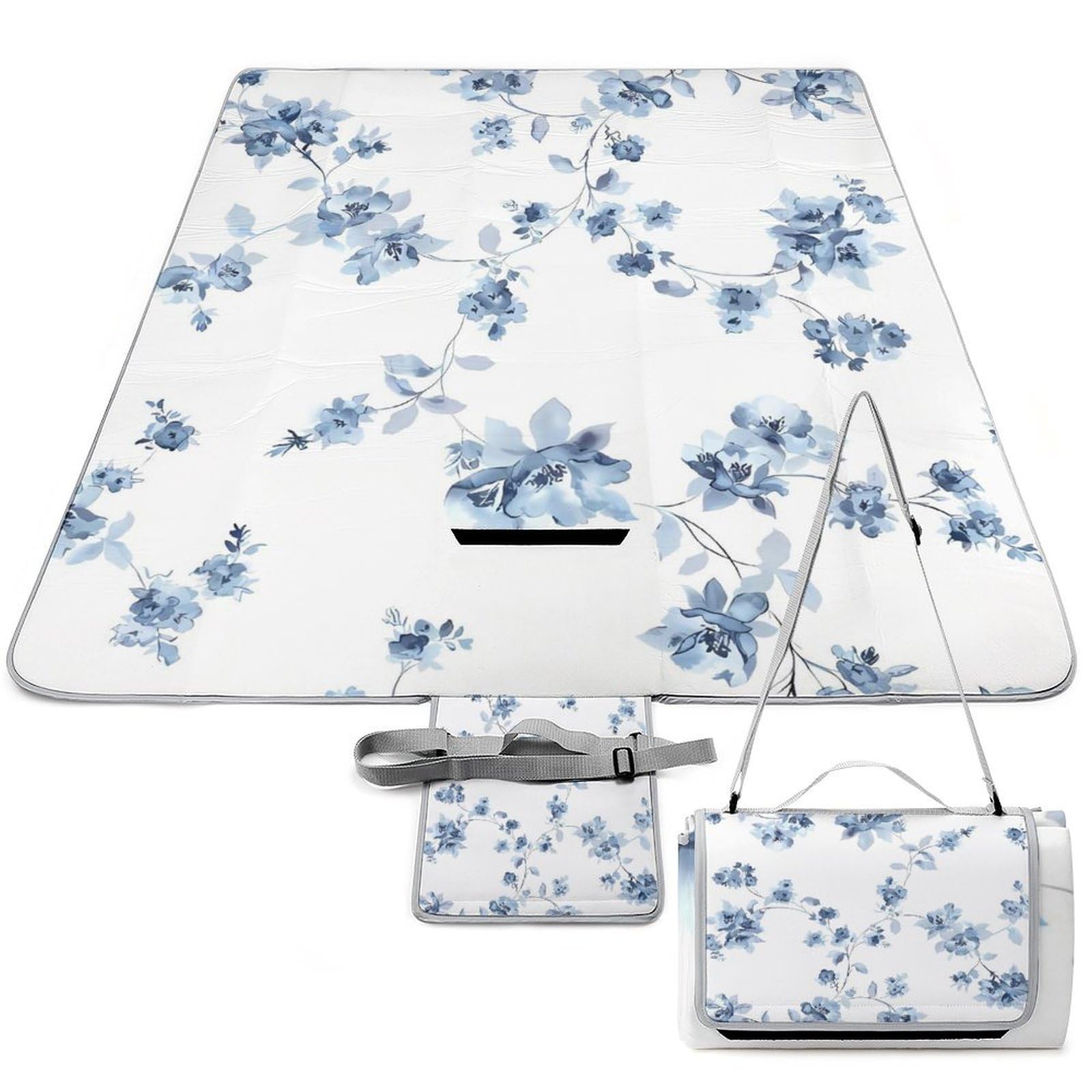 Tapis de pique-nique portable floral bleu 148x148 isolant thermique pour parc