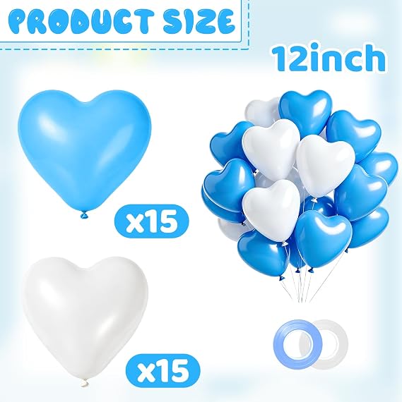 30 Pcs Blue & White Heart Shape Latex Balloons 12 for Birthday Valentine's Day Engagement Mother's Anniversary Celebration Party Decorations