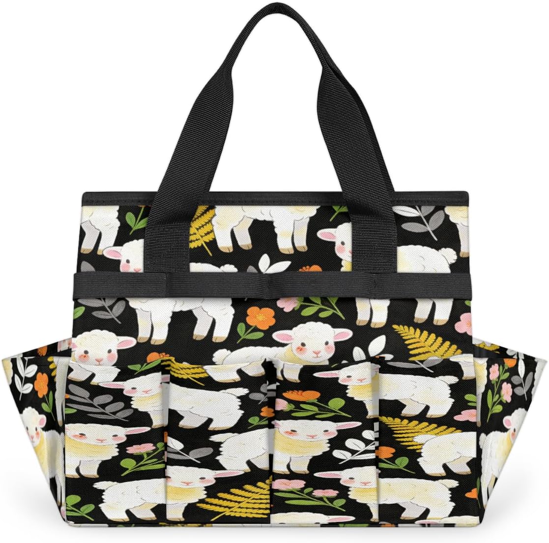 Cartoon white sheep Garden Tool Bag, Heavy Duty Gardening Tote Bag with 10 Pockets,Standable Garden Home Tool Kits Organizer,Gardening bag for women Men Indoor and Outdoor Gardening.