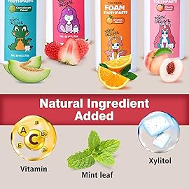 NOHOO Fluoride Free Foam Toothpaste Kids Fruit Flavour,Natural Training Toothpaste for Baby Toddler Children Oral Cleaning and Cavity Protection Strawberry Orange Peach Cantaloupe