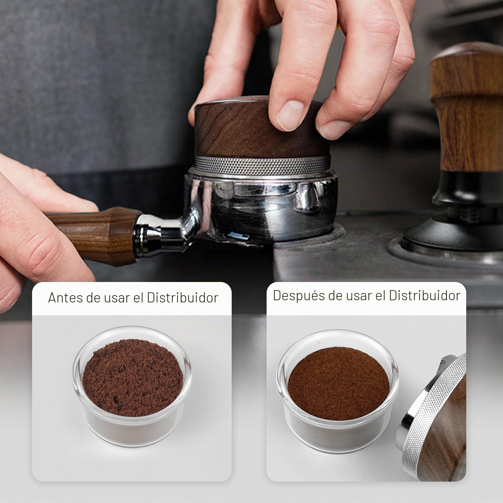 NOTSEK Distribuidor de café de 51 mm, herramienta de distribución de café de nogal para portafiltro de 51 mm, nivelador de café ajustable en altura para accesorios de barista