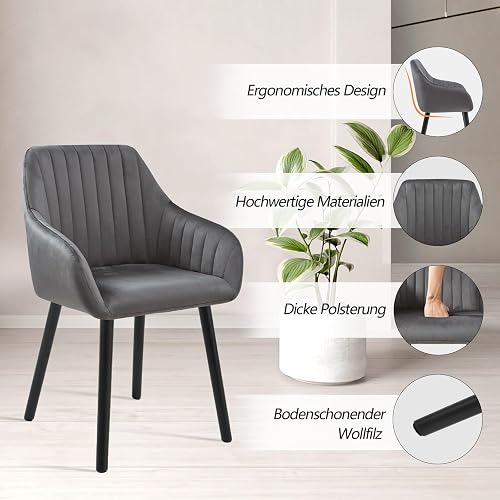 Dining Room Chairs with Armrests Set of 6 Velvet Dining Room Chairs Upholstered Chair Kitchen Chair Living Room Chair with Wooden Legs and Backrest, Dark Grey - 4