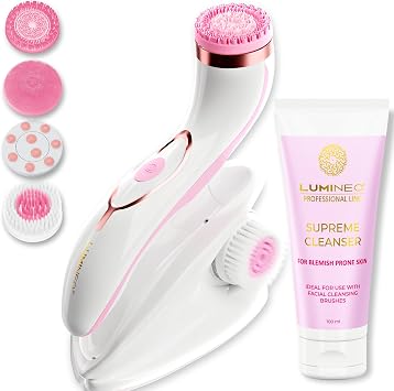 Lumineo PRO deep Facial Cleansing, face Brush with 4 Brush attachments, USB-C, IPX6 Waterproof, with Cleansing Gel for Acne-Prone, Oily and Flaky Skin Rose