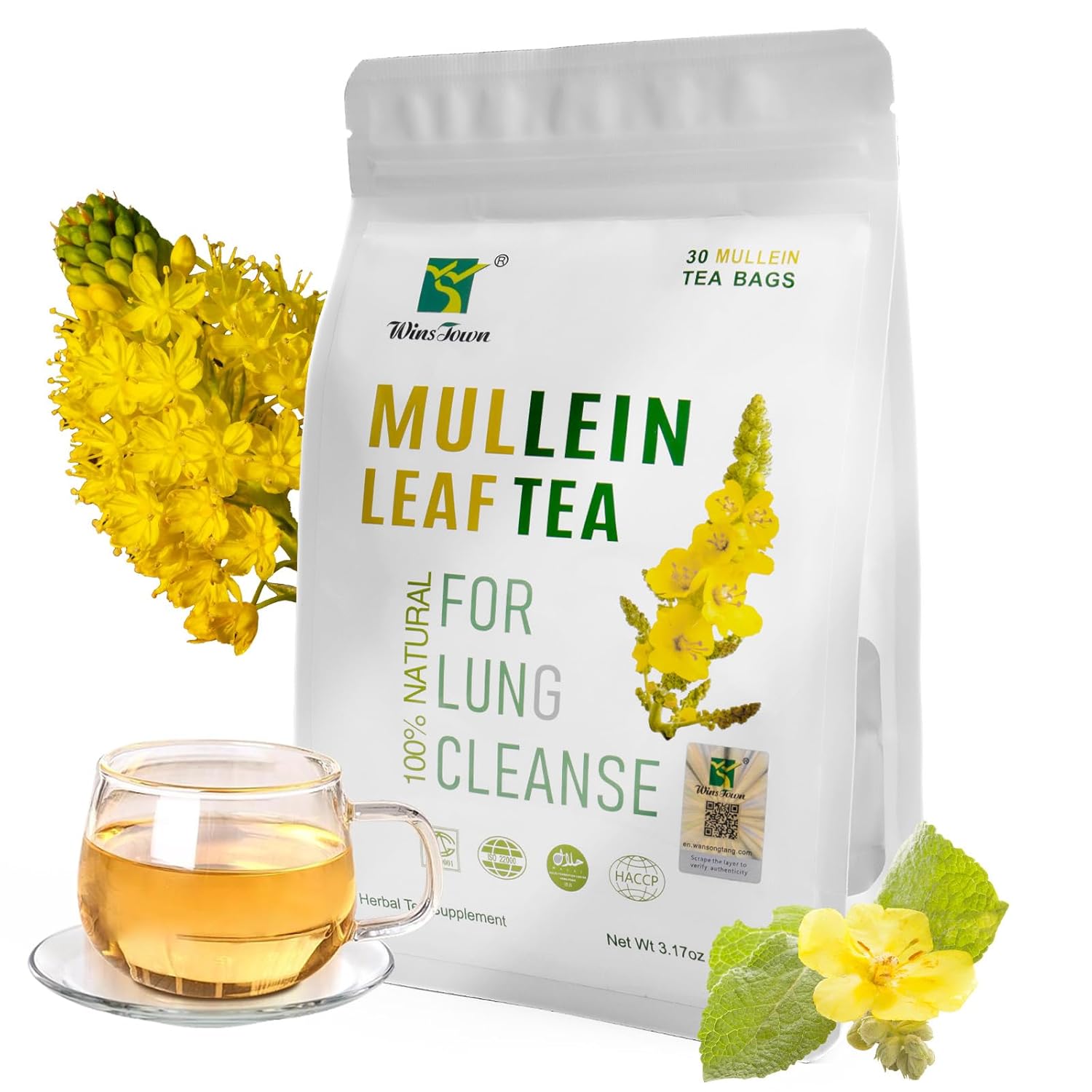 Mullein Leaf Tea Bags for Lungs - 100% Pure Natural, Caffeine-Free, Non-GMO, No Additives - 3.17 oz/90g (3g x 30 Tea Bags)