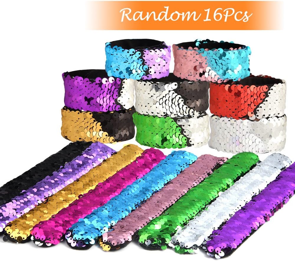 KUUQA 16 Pcs Magic Sequins The Mermaid Bracelets 2-Color Sequin Reversible Glitter Slap Bracelets Charms Wristband for Kids Little Mermaid Birthday Party Favors Bags Supplies (Random Colors)
