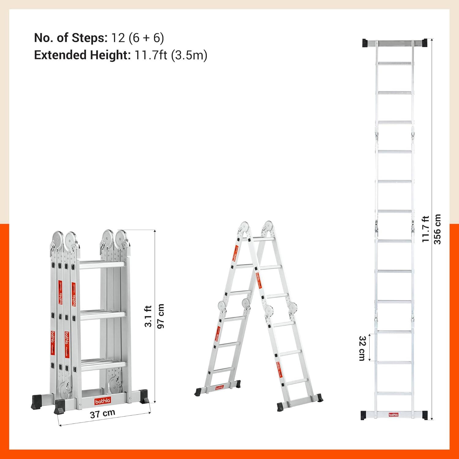 Bathla X-Tend Multipurpose 11.7 Ft Aluminium Foldable Ladder | Heavy Duty Multi-Position Extension Ladder for Home & Office