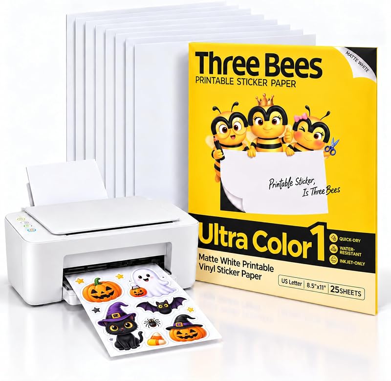 THREE BEES Printable Vinyl Sticker Paper in White