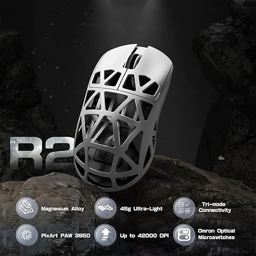 Miniatura 2 de ZIYOU LANG x Attack Shark R2 - Ratón inalámbrico para juegos, aleación de magnesio superligero, sensor óptico PAW3950 42000 DPI, frecuencia de Blanco