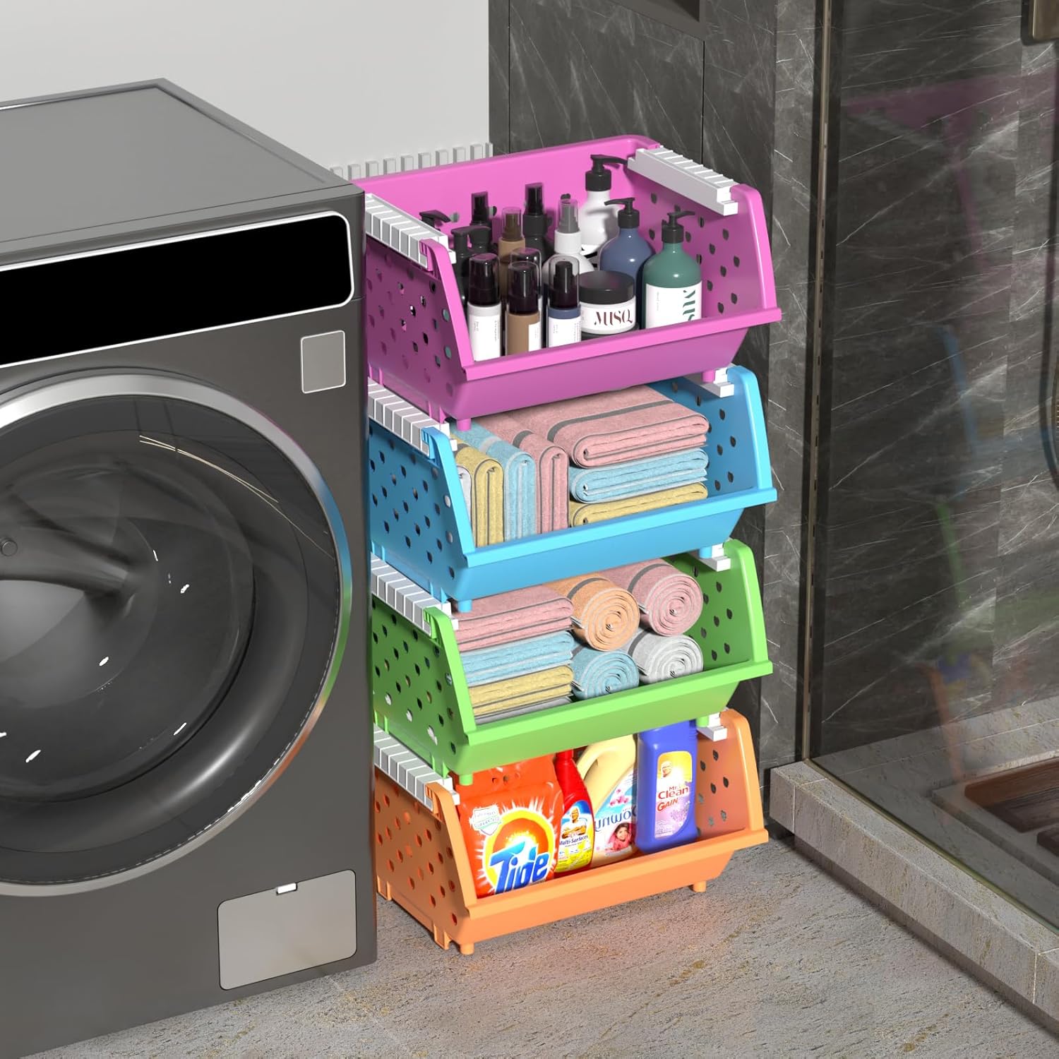 4 Packs Plastic Storage Basket Stackable, Stacking Storage Baskets Open Front