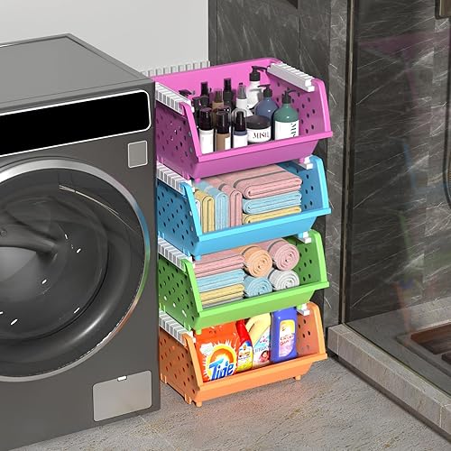 Miniatura 6 de Paquete de 4 cestas de almacenamiento de plástico apilables, apilables, con frente abierto