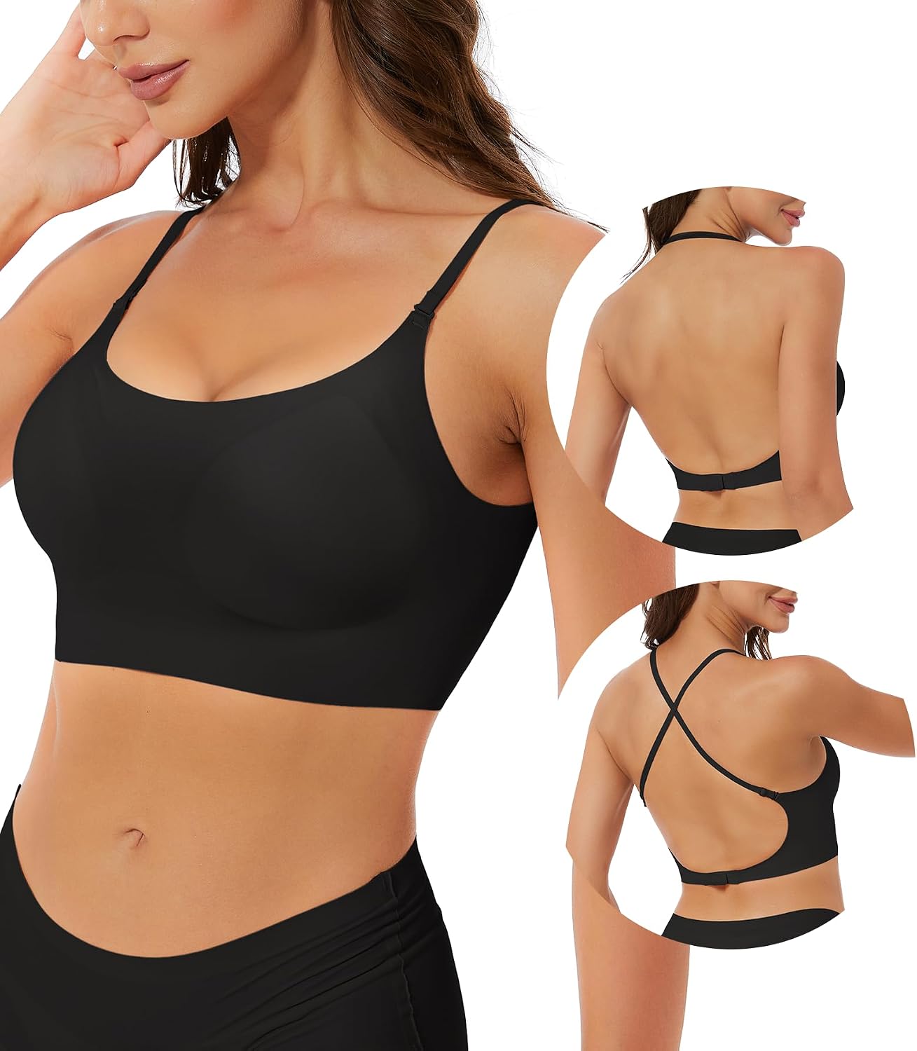 Seamless Low Back Bra Wireless Padded Bralette Thin Straps Comfort Halter Backless Cross Multiway Convertible Bras