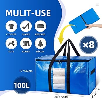 3 Sacchetti Grandi Per Traslochi 100L, Impermeabili E Riutilizzabili, Con Manici Robusti E Cerniera, Per Casa, Giardino E Lavanderia, Blu 73x37x35 Cm