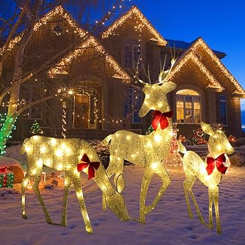 BomKra Set of 3 Christmas Light Up Reindeer Family Outdoor Decoration, Pre-Lit 100 Lights 2D Waterproof Christmas Deer for Garden Xmas Reindeer Decor with Stakes for Yard,Lawn,Garden