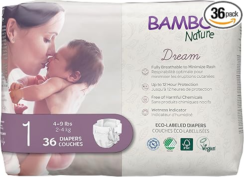 Bambo Nature Hypoallergenic Dream Baby Diapers, Eco-Labeled Sustainable Diapers, Enhanced Leakage Protection, Totally Chlorine-Free, Skin Friendly, and Super Absorbent - Size 1 4-9lbs - 36 Count