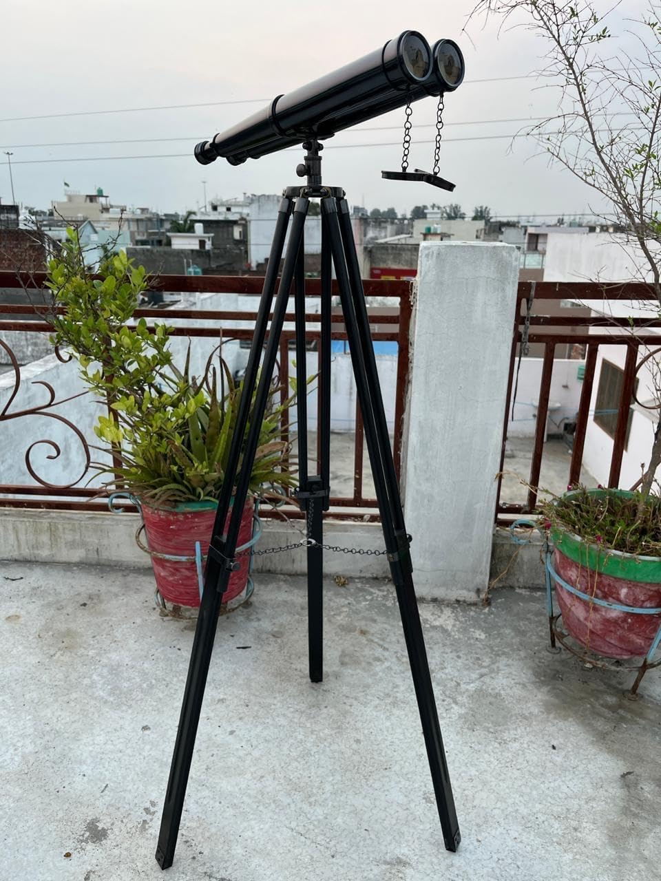 Brass Marine Navy Nautical Double Barrel Binocular with Adjustable Stand Decorative for Home,Office & 18" Telescope & Floor Tripod - Antique & Black Leather (Full Blue Antique)