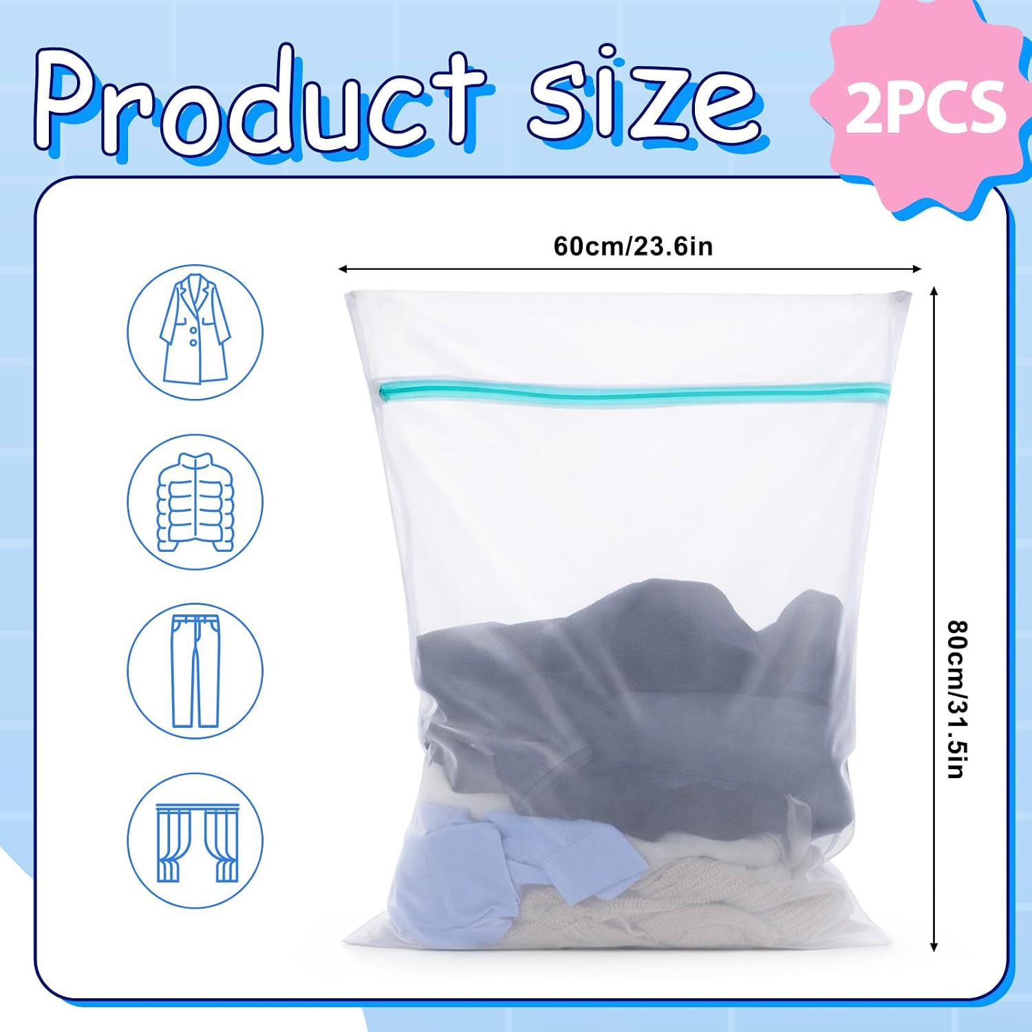 2 Pcs Delicates Bag For Washing Machine, 24 X 32 Inch Zippered Large Washing Bags, Mesh Laundry Bags Bra Wash Bag For Wash Machine Garment Dirty Clothes Washer Dryer Net Protector