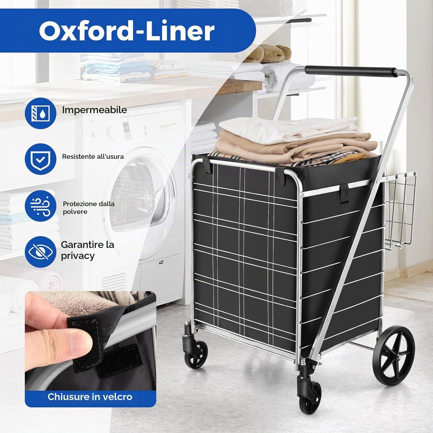 FANASK Carrello per la spesa pieghevole con borsa Oxford rimovibile e 2 cestini, argento su rotelle, carrello per la spesa, 150 kg, carrello multiuso