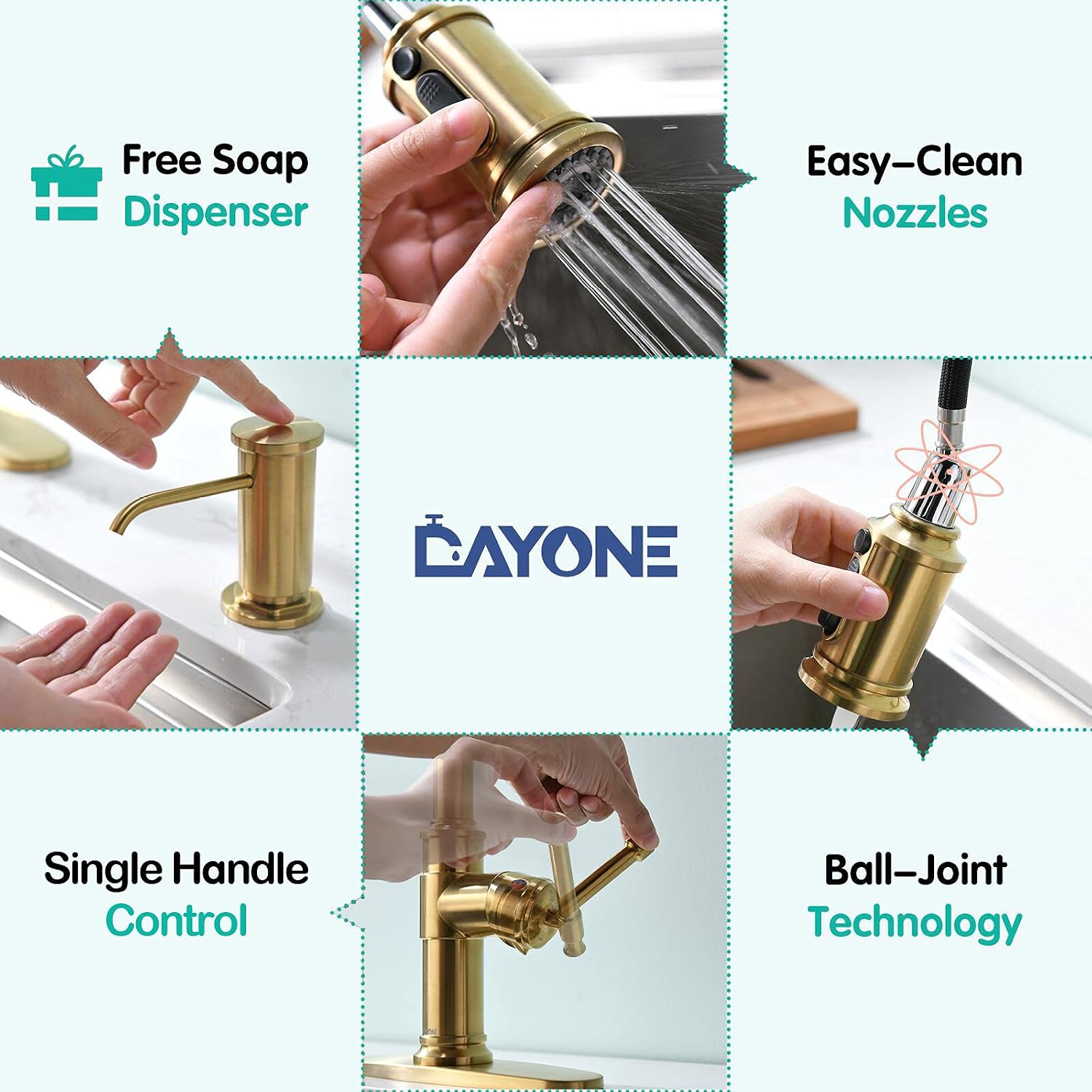 Pull Down Single Handle Kitchen Faucet High Arc, One Hole High Arc Kitchen Sink Faucets with Soap Dispenser & Deck Plate, Brushed Brass/Gold, DAYONE DAY136BTG