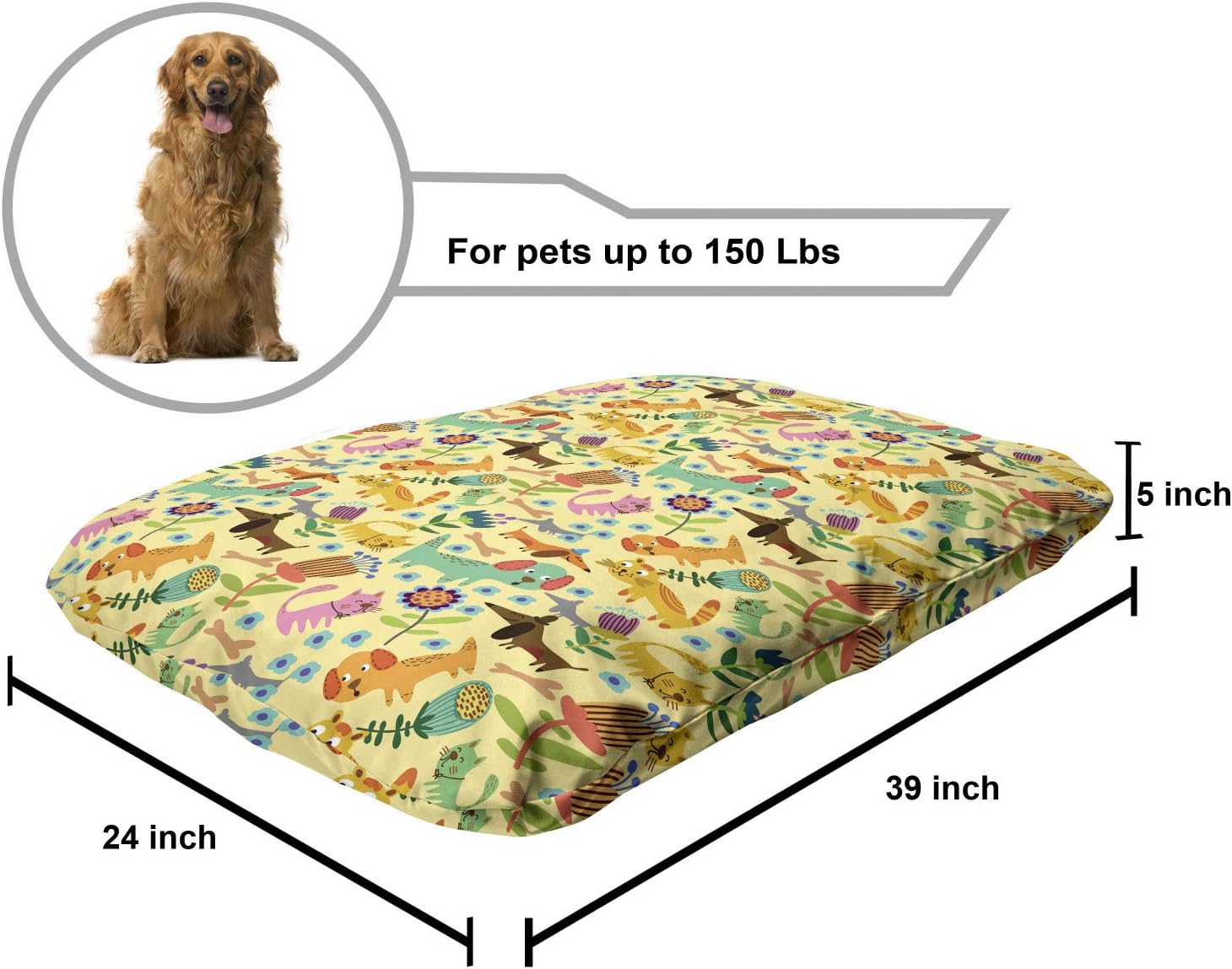 review Lunarable Cartoon Pet Bed, Funny Animals Childish Puppy and Cats Dog Flowers Tulips Dandelions, Chew Resistant Pad for Dogs and Cats Cushion with Removable Cover, 24