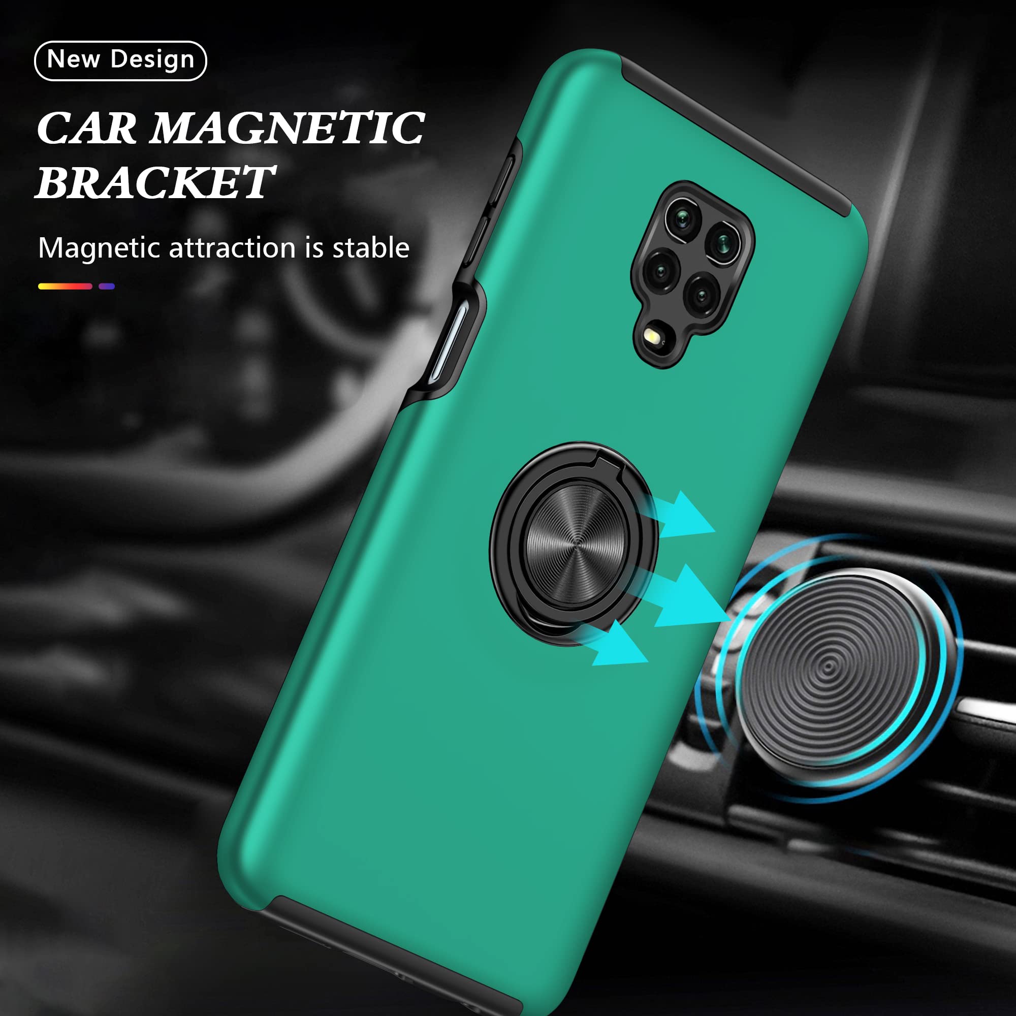 SORAKA Case for Xiaomi Redmi Note 9 Pro with Invisible Ring Holder and Metal Plate for Magnetic Car Mount Rigid PC Cover Xiaomi Redmi Note 9S Case Military Grade Rugged Case Green