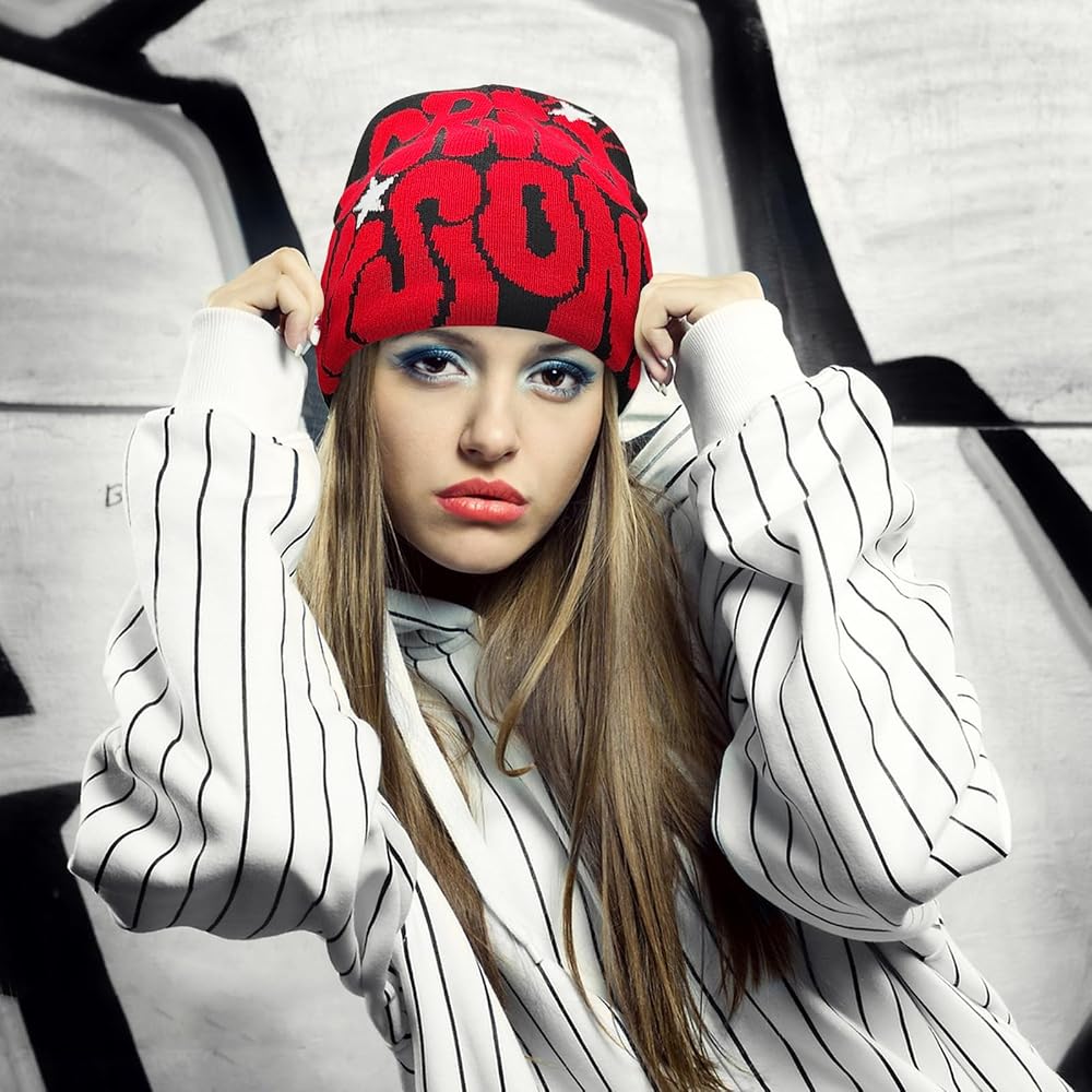 Y2K Spider Beanie Hat - Hip Hop Knitted Skull Cap For Women, Stretchy One Size, Red & Black - View #7