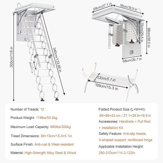 Retractable Pull Down Attic Ladder, 12-Step Ceiling Ladder with Handrail