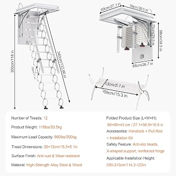 Retractable Pull Down Attic Ladder, 12-Step Ceiling Ladder with Handrail