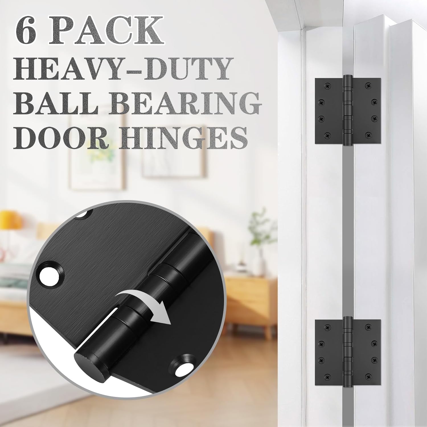 6Pcs Stainless Steel Black Door Hinges, 4 x 4 Inch Door Hinge with Ball Bearing, Heavy Duty Door Hardware, Door Hinges with Square Corners