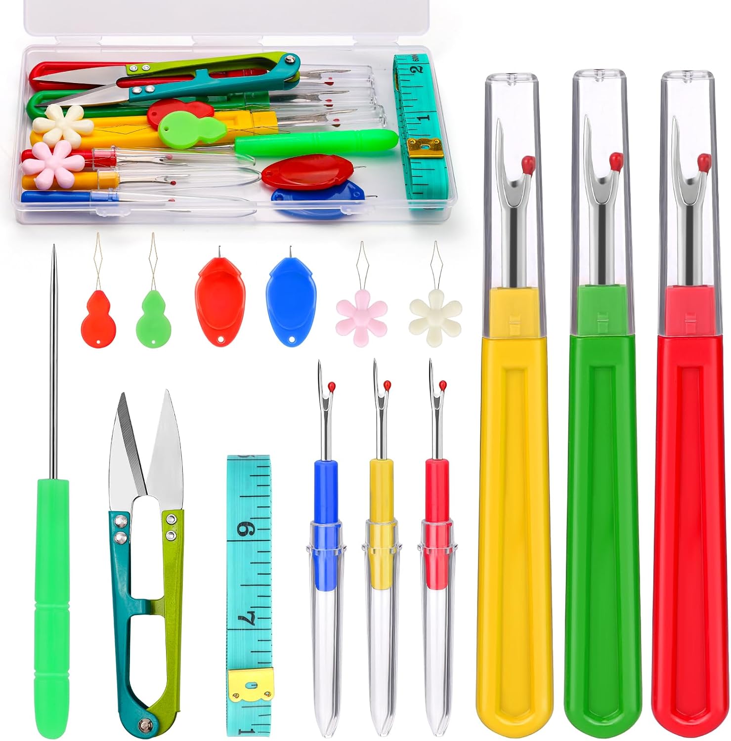 16 Pcs Seam Ripper Set, 6 Pcs Stitch Unpicker Tool, Seam Rippers for Sewing with Needle Threader, Scissors, Awl and Storage Box for Removing Threads, Sewing Accessories Supplies Crafting
