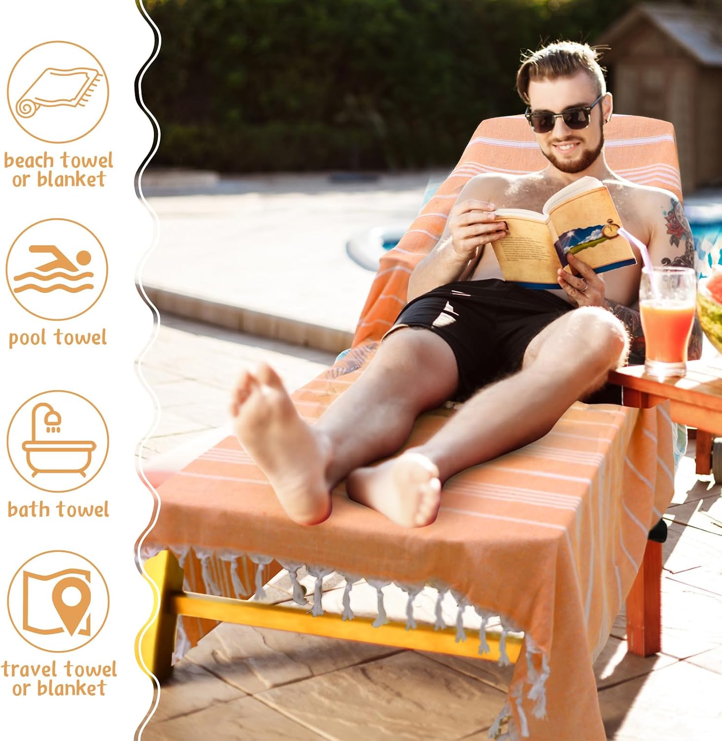Oudain 2 Packs Oversized Turkish Beach Towel, 61" x 82" Extra Large Cotton Beach Blanket for Adults Bath Supplies, Travel Lightweight Sandproof(Orange)