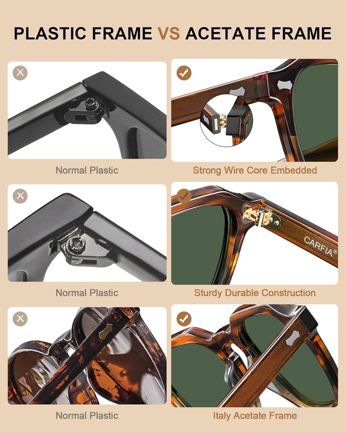 CARFIA Polarized Sunglasses for Men UV400 Protection, Retro Sun Glasses with Acetate Square Frame for Driving Fishing CA5405 - Image 8