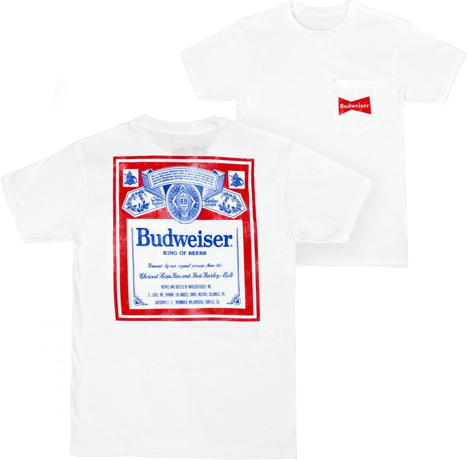 Budweiser Vintage Label Front and Back Pocket T-Shirt (as1, Alpha, l, Regular, Regular, Large) White