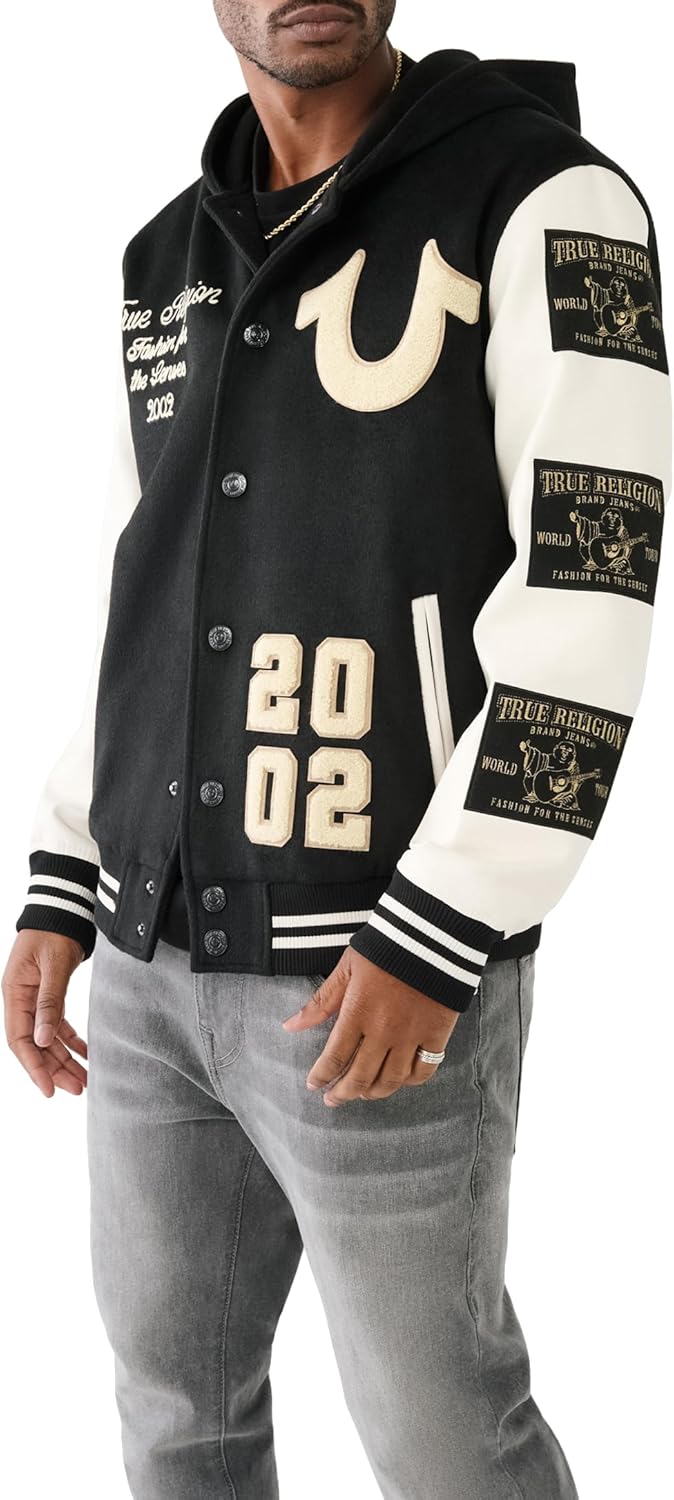 True Religion Men's Hooded Varsity Jacker, Jet Black, L at Amazon