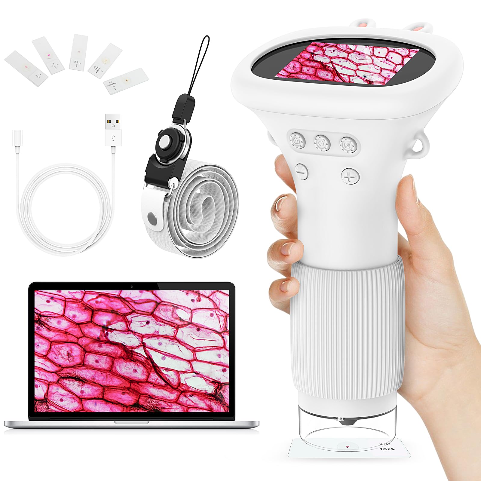 HUTACT Kids Microscope Portable with 2'' Screen - 1000X Mini Digital Handheld Pocket Microscope, Christmas Birthday Gifts for All Age, Includes 5 Prepared Slides Kit