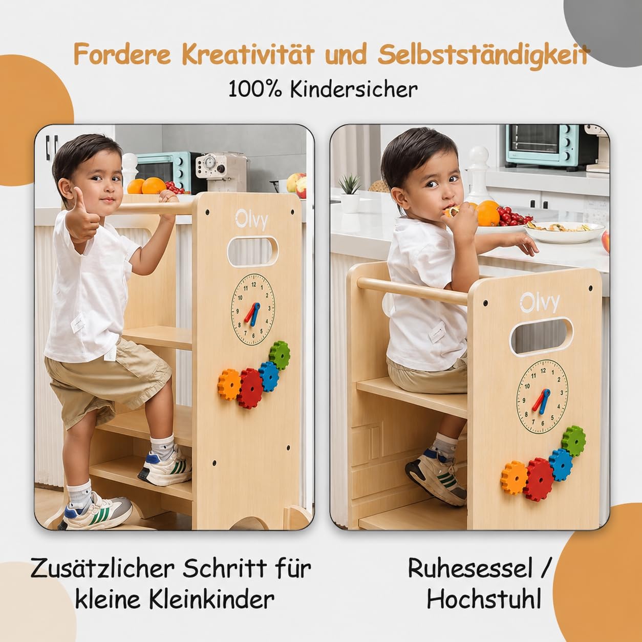 Olvy Kids 4-in-1 Montessori Lernturm - Learning Tower - Trittleiter Holz - Kindertritt 4 Stufen - Küchenturm Kinder - Steh Lernturm ab 1 Jahr - Kindertreppe Faltbar