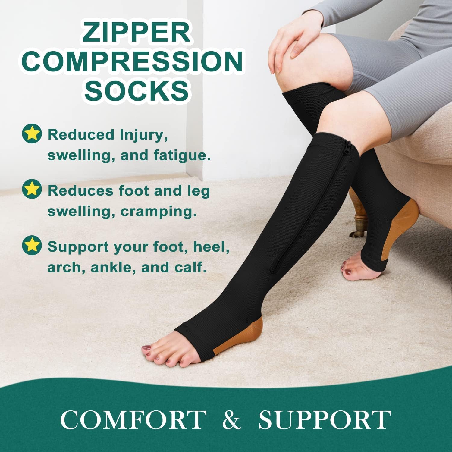 2 Pairs Copper Zipper Compression Socks 15-20mmgh-Calf Knee High Open Toe Support Stocking Compression Stocking - Image 2